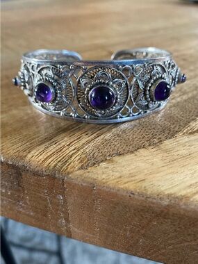 Vintage Silver Filigree Amethyst Cuff Bracelet
